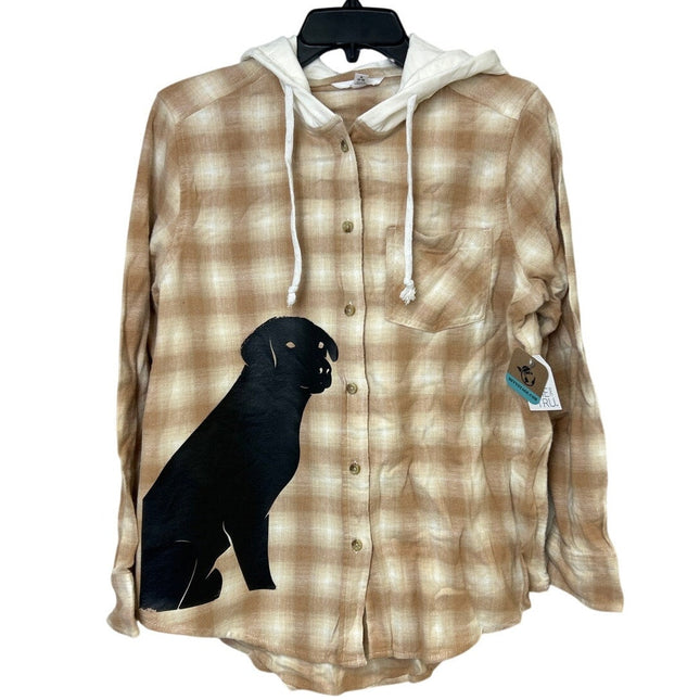 New Hand Printed Womens Small Black Lab Dog Long Sleeve Plaid Flannel Hoodie