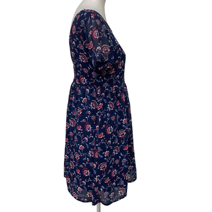 Old Navy Womens Medium Navy Blue Floral Short Sleeve Back Zip Fit n Flare Dress