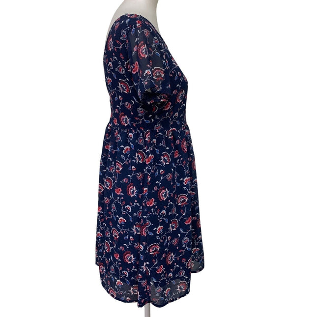 Old Navy Womens Medium Navy Blue Floral Short Sleeve Back Zip Fit n Flare Dress