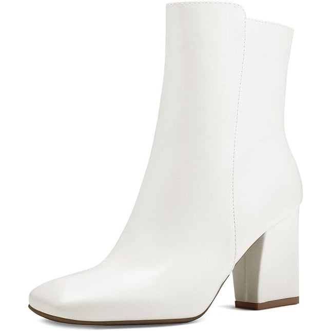 New Mysoft Womens Size 8 White Faux Leather 3" Block Heel Zip Ankle Boots w Flaw