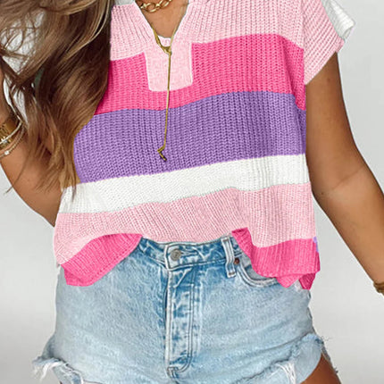 Multicolour Colorblock Notch V Neck Knit T Shirt