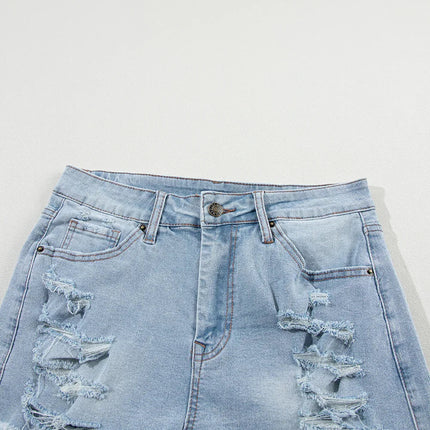 Light Blue Distressed Ripped Raw Hem High Waist Denim Shorts