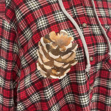 New Hand Printed Womens XXL Rustic Pine Cone Long Sleeve Plaid Flannel Hoodie