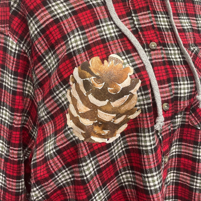 New Hand Printed Womens XXL Rustic Pine Cone Long Sleeve Plaid Flannel Hoodie