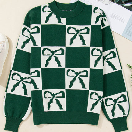 Blackish Green Bow Print Checkered Knit Sweater