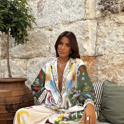 Beach Printed Lapel Shirt Pants Suits