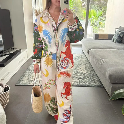 Beach Printed Lapel Shirt Pants Suits