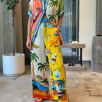 Beach Printed Lapel Shirt Pants Suits