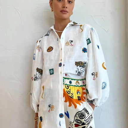 Beach Printed Lapel Shirt Pants Suits
