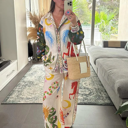 Beach Printed Lapel Shirt Pants Suits