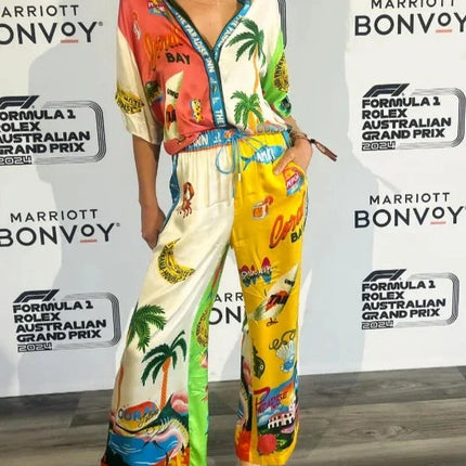 Beach Printed Lapel Shirt Pants Suits