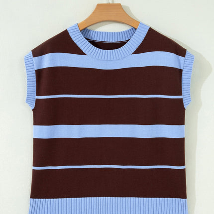 Sky Blue Stripe Striped Short Sleeve Round Neck Casual Knit Top