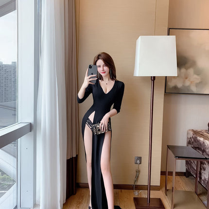 Nightclub Explosive Dress Dress Women's Irregular V-Neck Long Dress