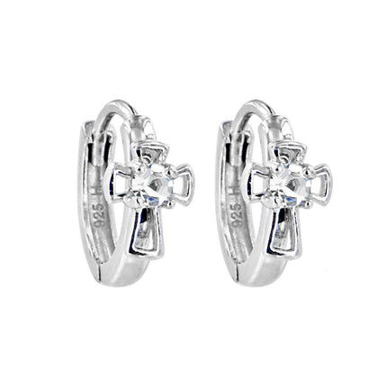 Sterling Silver Cubic Zirconia CROSS Huggy Hoop Earrings