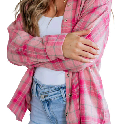 Sachet Pink Plaid Rounded Hem Long Sleeve Shirt