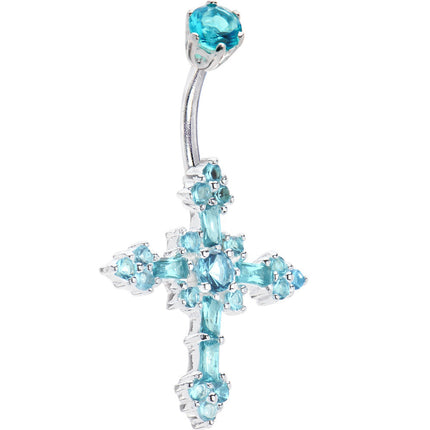Sterling Silver 925 Aqua Cubic Zirconia CROSS Belly Ring
