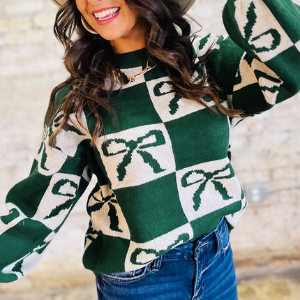 Blackish Green Bow Print Checkered Knit Sweater