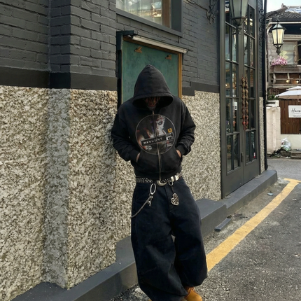 Manhunt Zip Up Cropped Boxy Hoodie Unisex Streetwear 380 GSM Heavyweight Sweatshirt For Cold Weather
