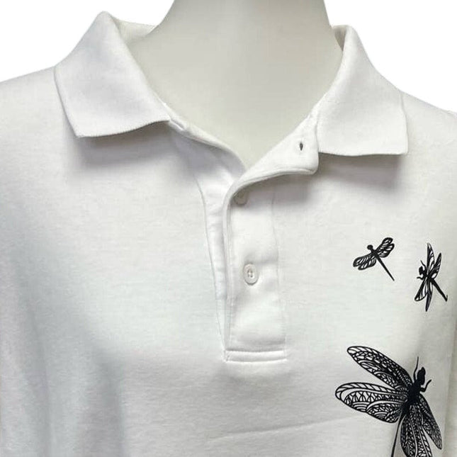Hand Printed Upcycled Mens XL Tall Dragonfly 100% Cotton Short Sleeve Polo Shirt