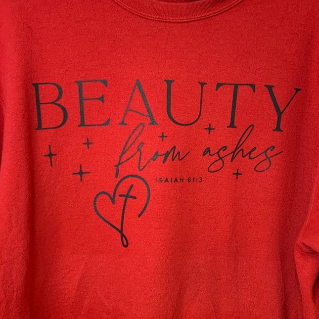 Upcycled Hand Printed Mens Large Jesus Beauty From Ashes Easter Crew Sweatshirt