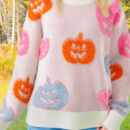 Beige Halloween Cute Pumpkin Pattern Sweater
