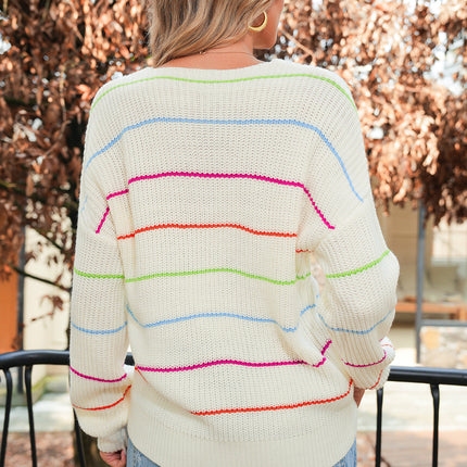 White Striped V Neck Drop Sleeve Sweater for Women - Femstylo