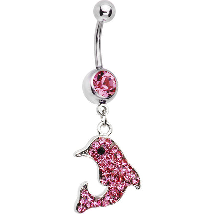 Pink Gem Paved Dolphin Dangle Belly Ring
