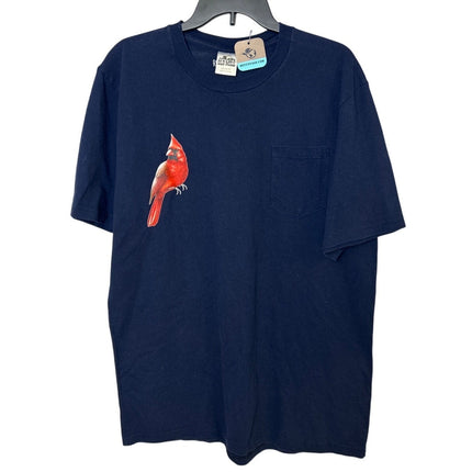 Upcycled Hand Printed Womens 2XL Red Cardinal Bird Navy Short Sleeve Tee Shirt