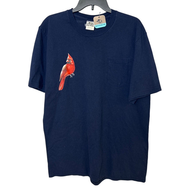 Upcycled Hand Printed Womens 2XL Red Cardinal Bird Navy Short Sleeve Tee Shirt