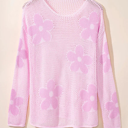 60s Flower Drop Shoulder Hollow Knit Top Light Grey -Femstylo