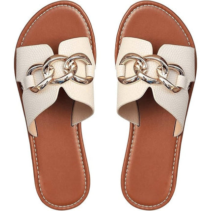 Verdusa Womens Size 9 Beige Slip On Slides Flat Sandal Chain Faux Leather Shoes