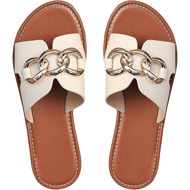 Verdusa Womens Size 9 Beige Slip On Slides Flat Sandal Chain Faux Leather Shoes