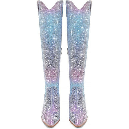 Ronilurn Womens Size 6.5 Rainbow Blue Pink Rhinestone Over the Knee Cowboy Boots