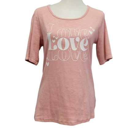 Hand Printed Upcycled Womens Medium Love Love Love Valentine Heart Tee Shirt