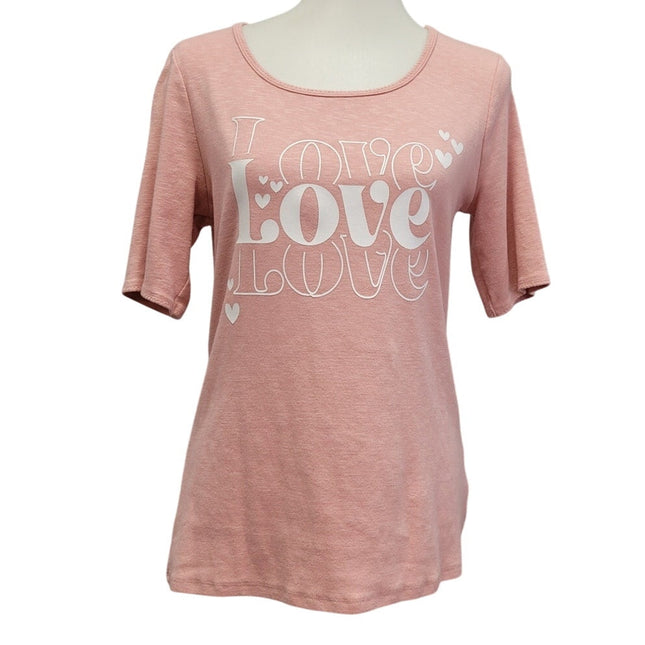 Hand Printed Upcycled Womens Medium Love Love Love Valentine Heart Tee Shirt
