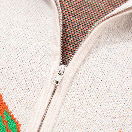 Khaki Contrast Trim Floral Pattern Quarter Zip Stand Neck Sweater