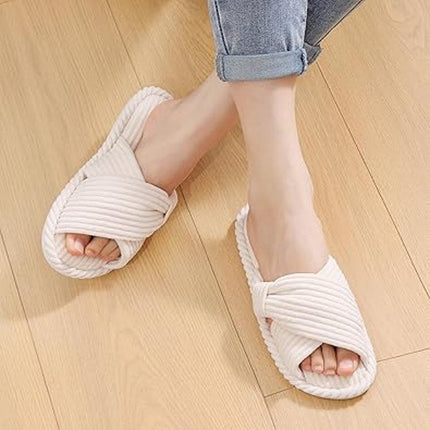 Evshine Womens Size 8/9 Cream Soft Corduroy Bow Slide On Open Toe Slipper Shoes