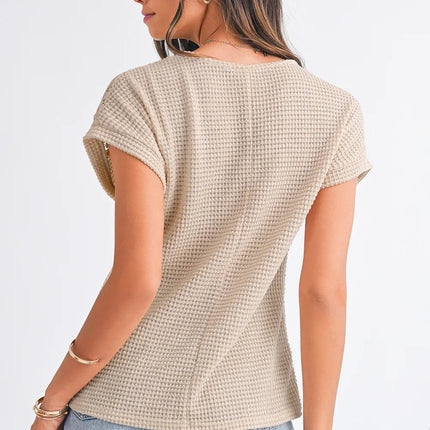 Mist Green Hollow Patchwork Waffle Knit Top