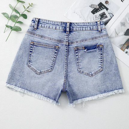 Beau Blue Pearl Studded Pocket Raw Hem Denim Shorts