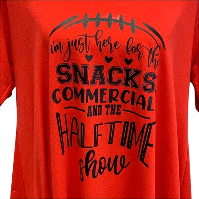 Hand Printed Upcycled Women Large Superbowl Snacks Commercials Halftime Show Tee