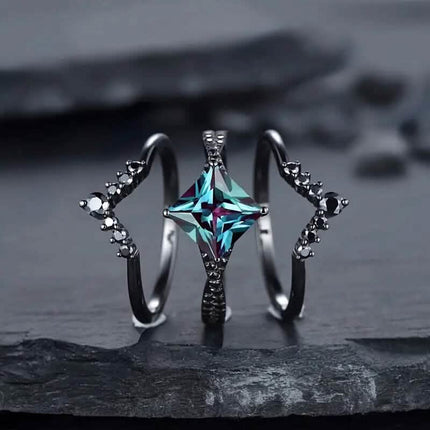 3-Piece Set: Black Square Faux Blue Zirconia Retro Luxury Ring