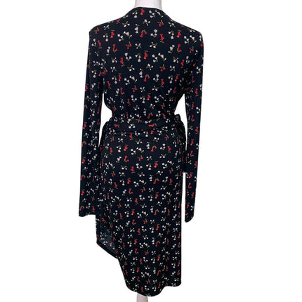 Lark & Ro Womens Medium Red Black Floral Long Sleeve V Neck Belt Tie Wrap Dress