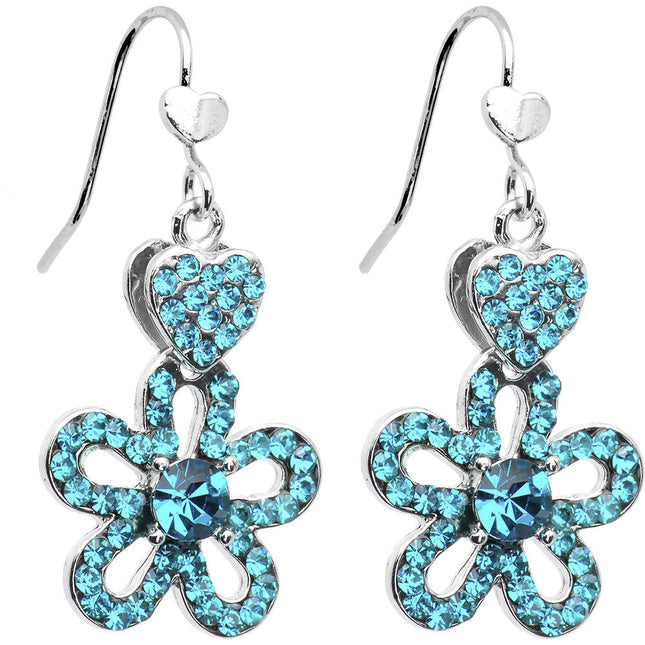 Illustrious Aqua Crystal Heart and Posy Flower Earrings