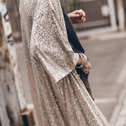 Apricot Sequin 3/4 Sleeve Open Front Duster Cardigan - Femstylo