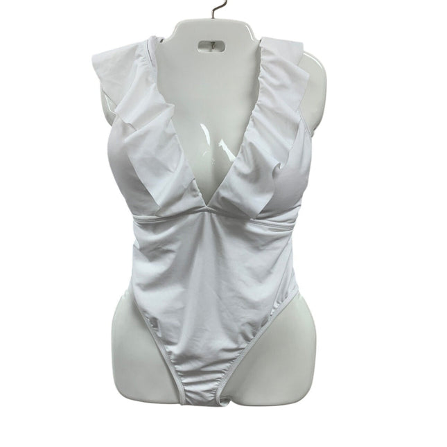 New Shade & Shore Womens XL Cheeky Low V Ruffled Solid White 1PC Swim Suit