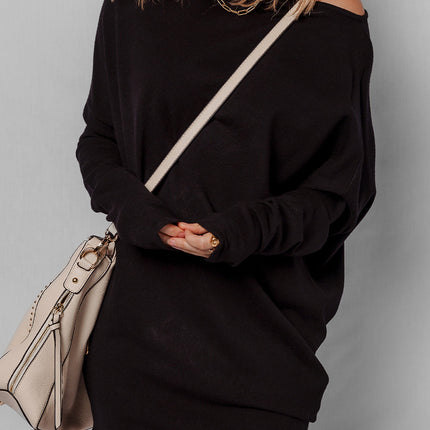 Black Asymmetric Neck Batwing Sleeve Shift Mini Sweater Dress