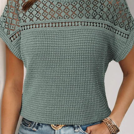 Mist Green Hollow Patchwork Waffle Knit Top