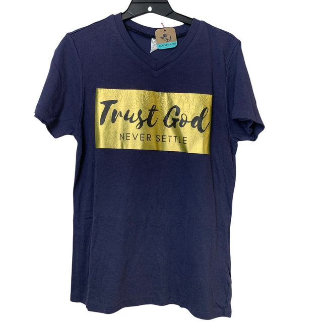 New Upcycled Hand Printed Womens Small Navy Gold Trust God Never Settle Tee