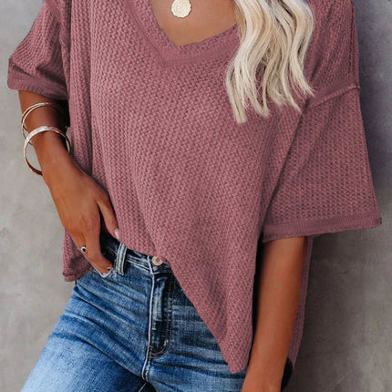 Blue Exposed Seam Drop Sleeve V Neck Waffle Textured Top