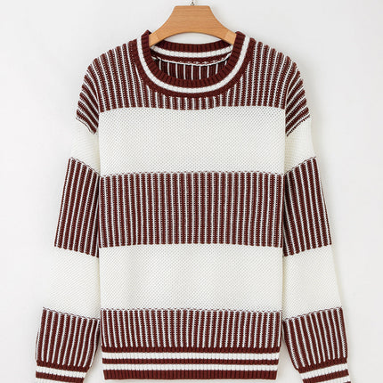 Brown Two Tone Striped Patchwork Drop Shoulder Sweater